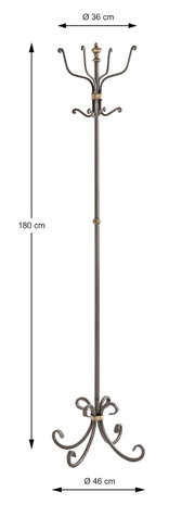 Freistehender Metall-Garderobenständer in Antik-Optik mit geschwungenen Haken, Höhe 180 cm, oben Ø 36 cm und Standfuß Ø 46 cm, Frontansicht