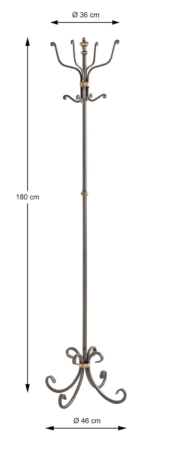 Freistehender Metall-Garderobenständer in Antik-Optik mit geschwungenen Haken, Höhe 180 cm, oben Ø 36 cm und Standfuß Ø 46 cm, Frontansicht
