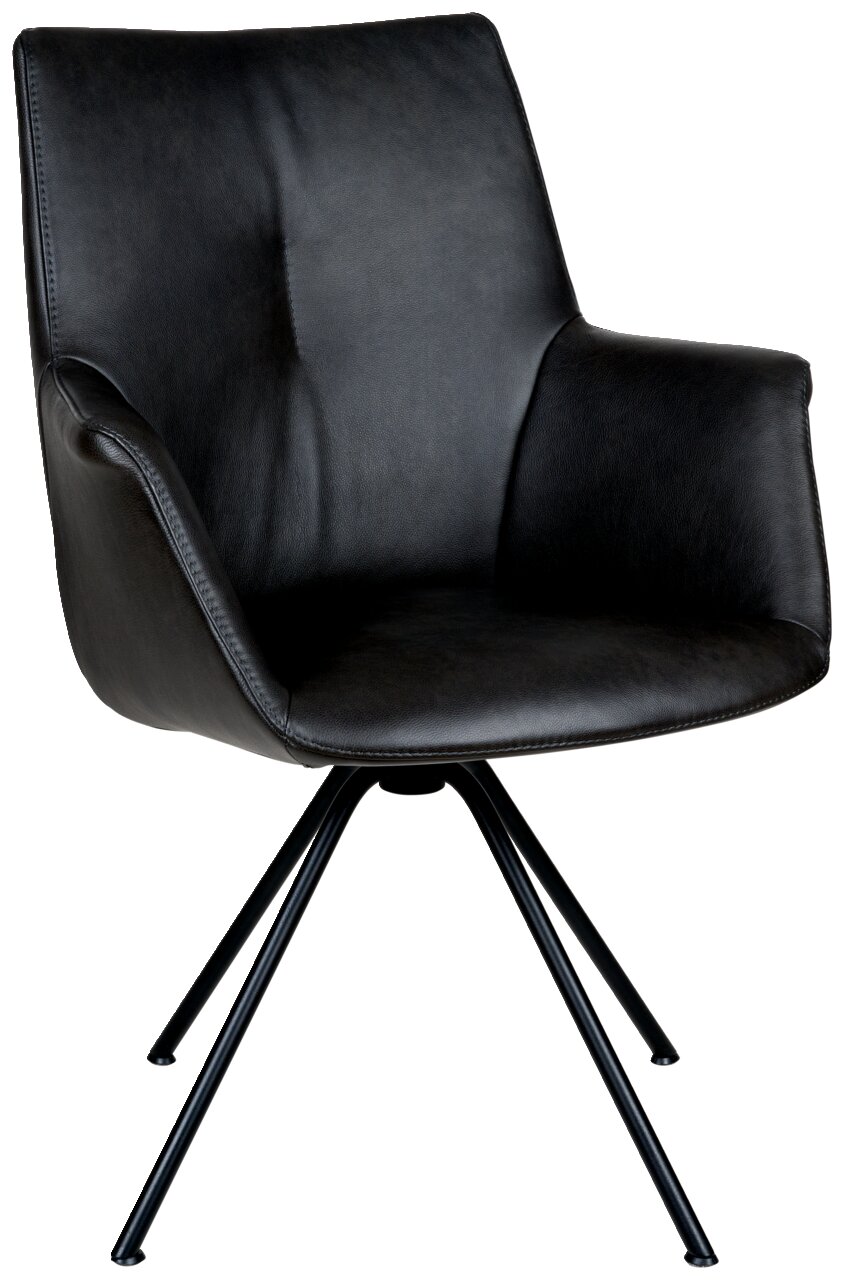 Zwarte fauteuil met armleuningen en een modern ontwerp, zijaanzicht