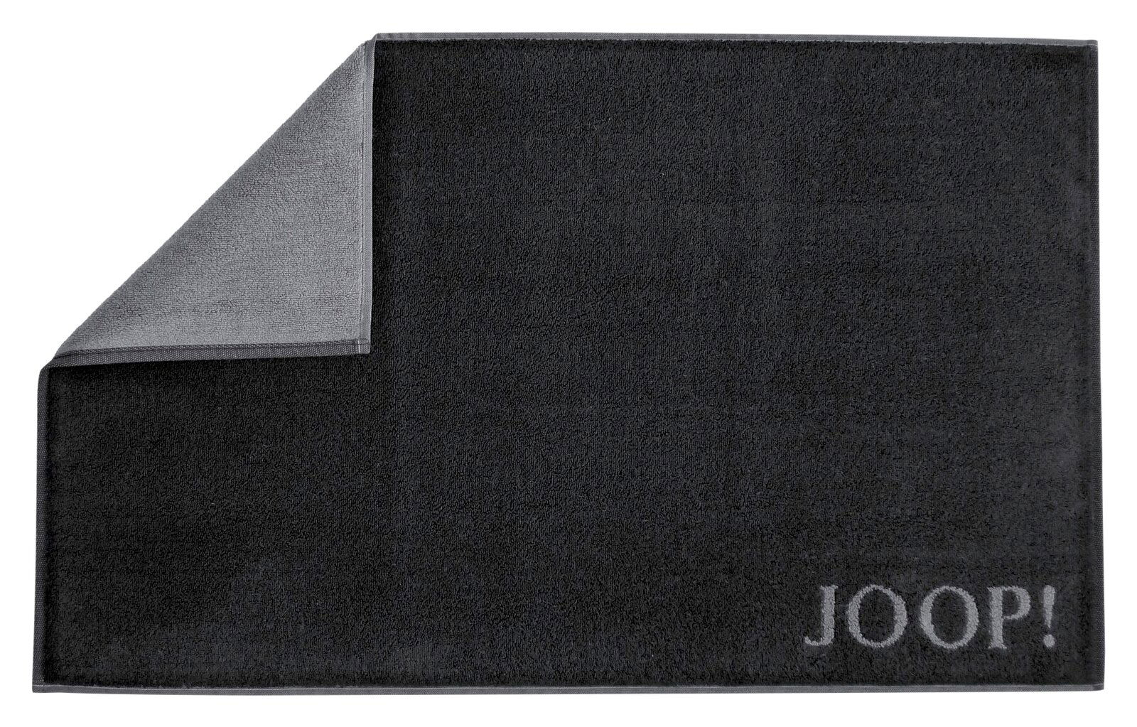 JOOP! Badematte DOUBLEFACE JOOP! Badematte DOUBLEFACE in dunklem Grau, Draufsicht mit umgeschlagener Ecke, zeigt das zweifarbige Design.