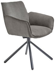 Grauer Armlehnstuhl mit Stoffbezug und Metallbeinen, seitliche Perspektive