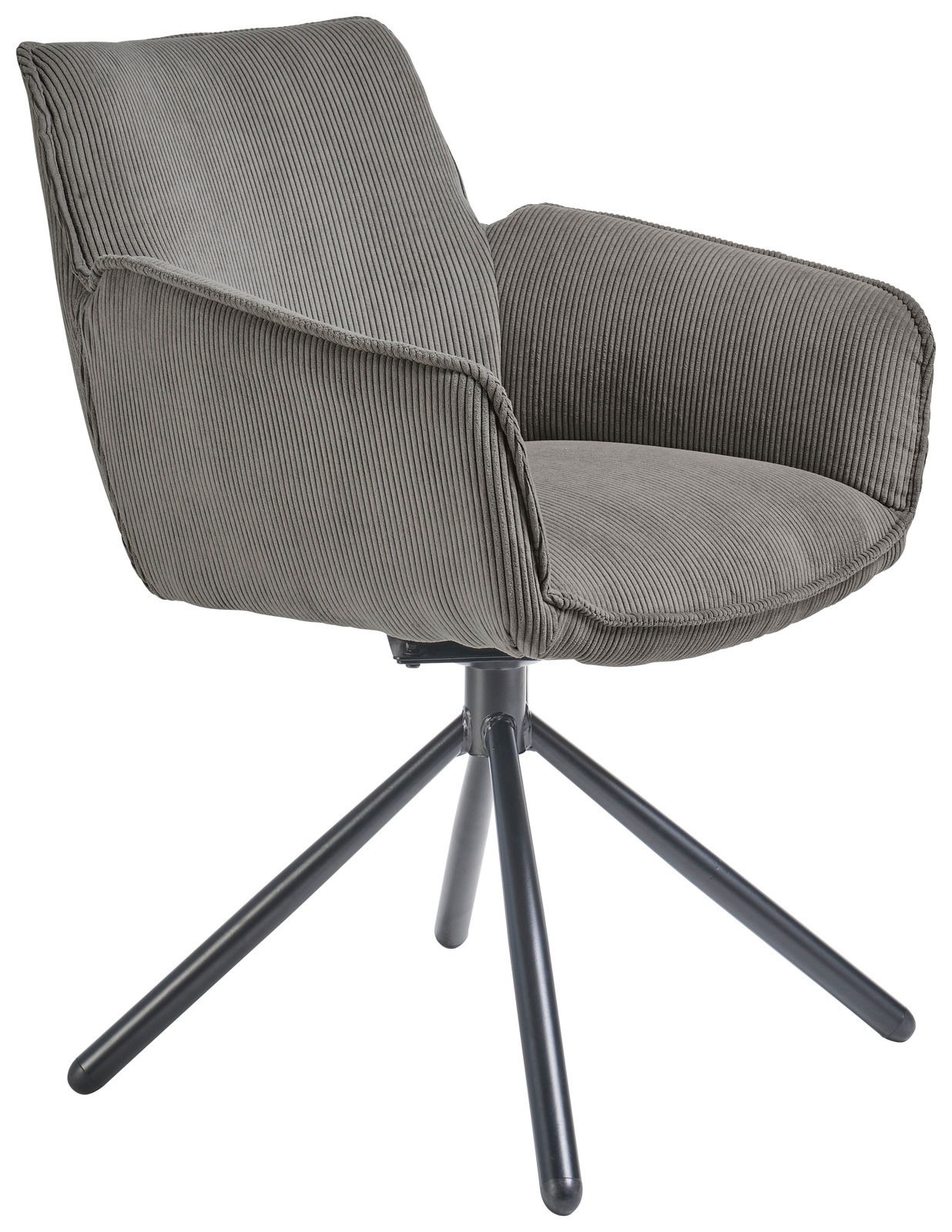 Grauer Armlehnstuhl mit Stoffbezug und Metallbeinen, seitliche Perspektive