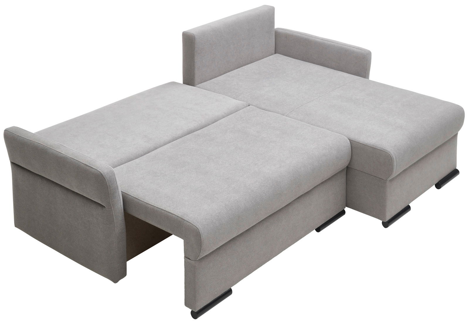 Graues Ecksofa in ausgeklappter Position, Ansicht von oben.