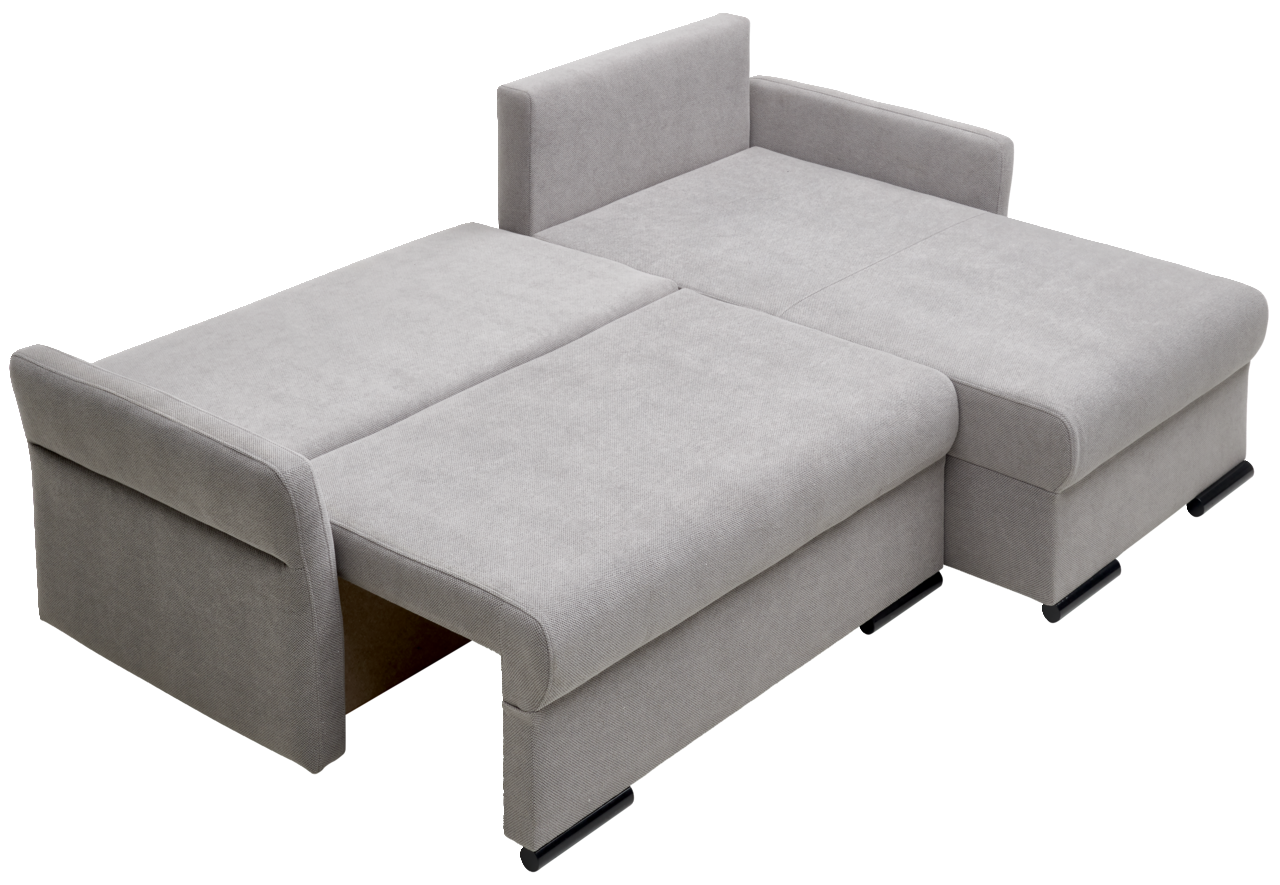 Graues Ecksofa in ausgeklappter Position, Ansicht von oben.