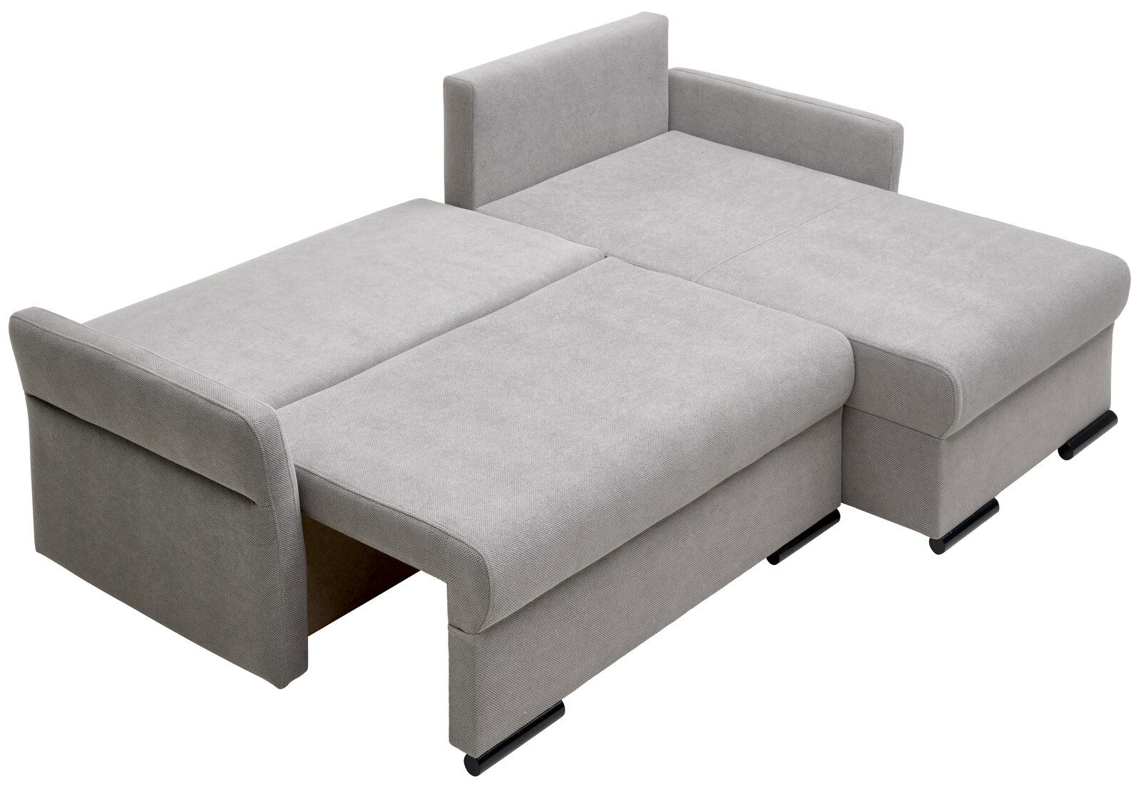 Graues Ecksofa in ausgeklappter Position, Ansicht von oben.