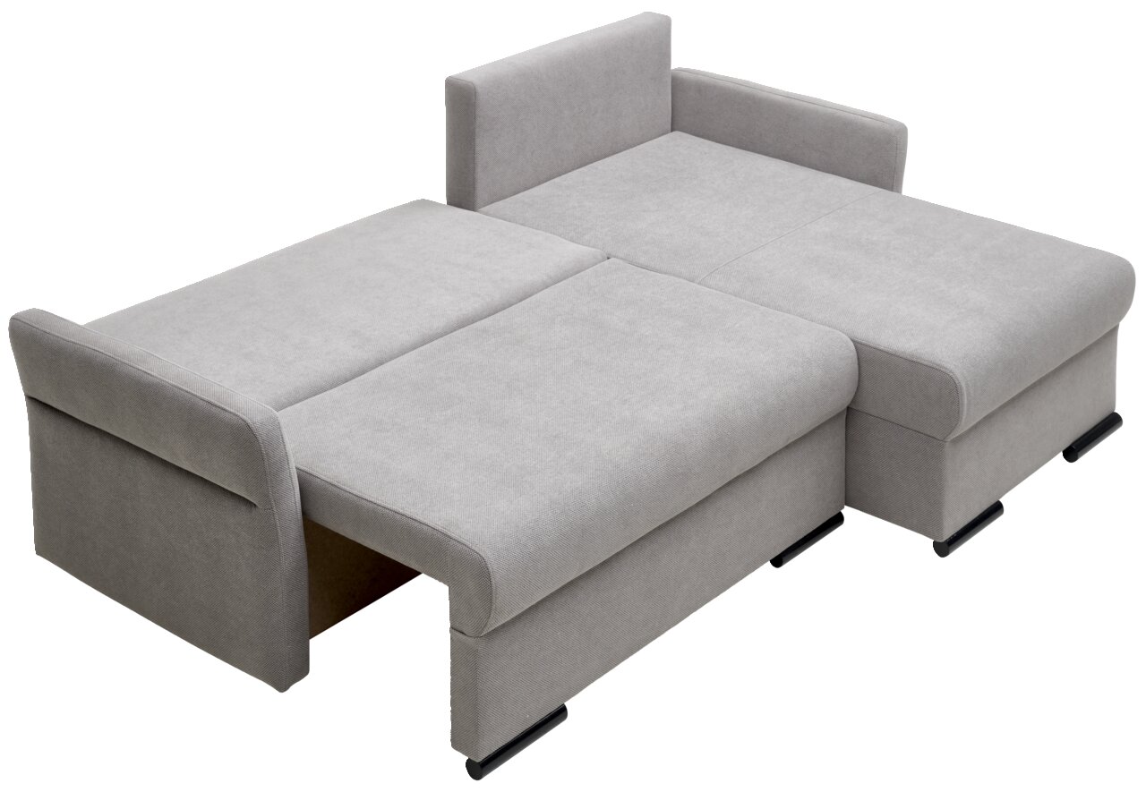 Graues Ecksofa in ausgeklappter Position, Ansicht von oben.