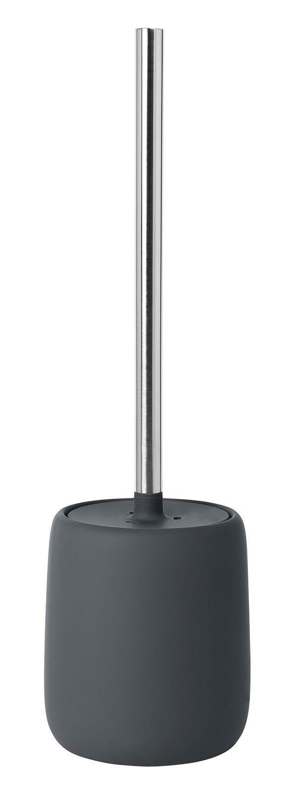 WC-Bürste mit modernem Design, grauer Behälter und Edelstahlgriff, seitliche Perspektive