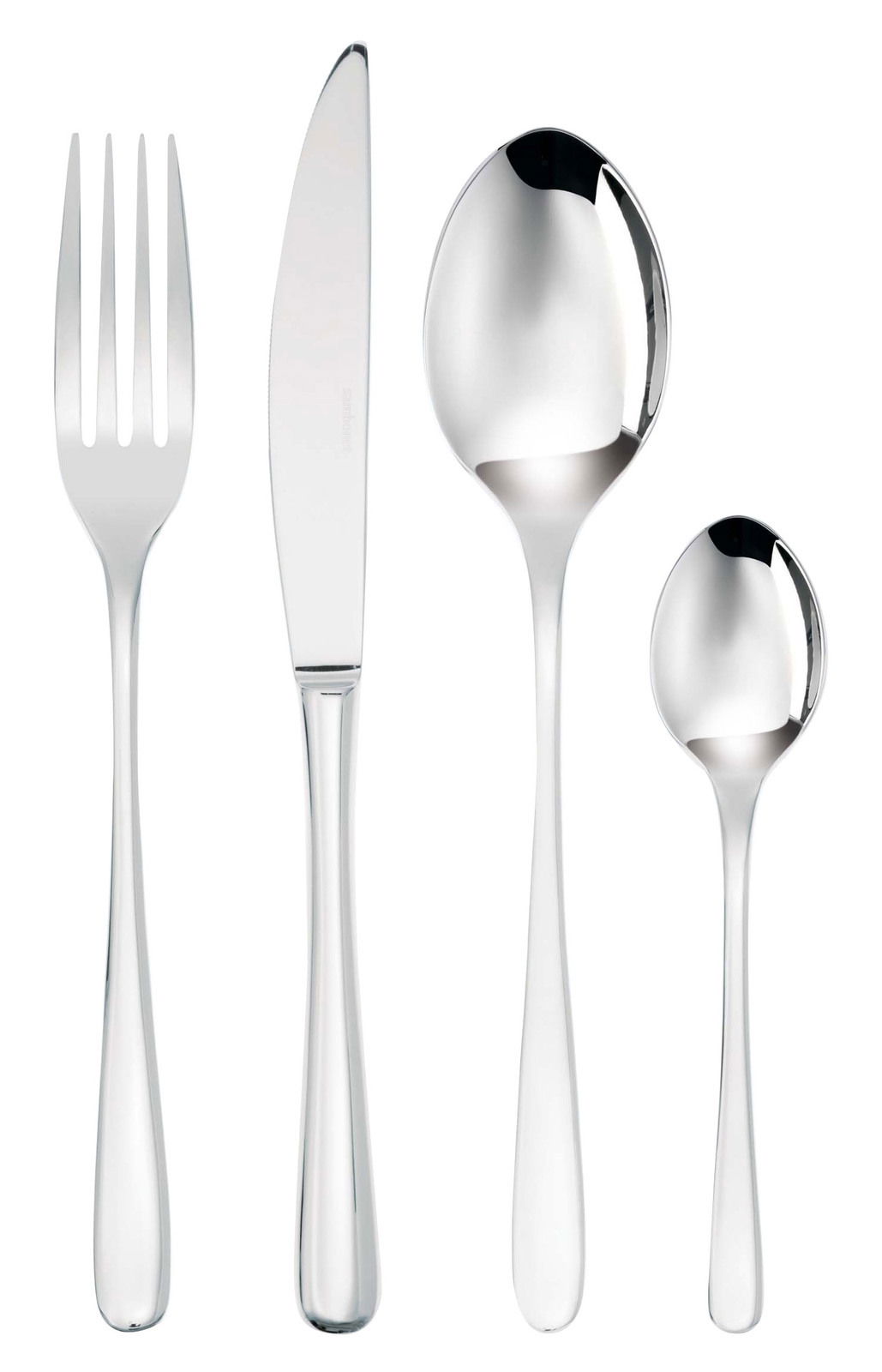 Vierteilige Besteckgarnitur aus Edelstahl, bestehend aus Gabel, Messer, Esslöffel und Teelöffel, frontal abgebildet.