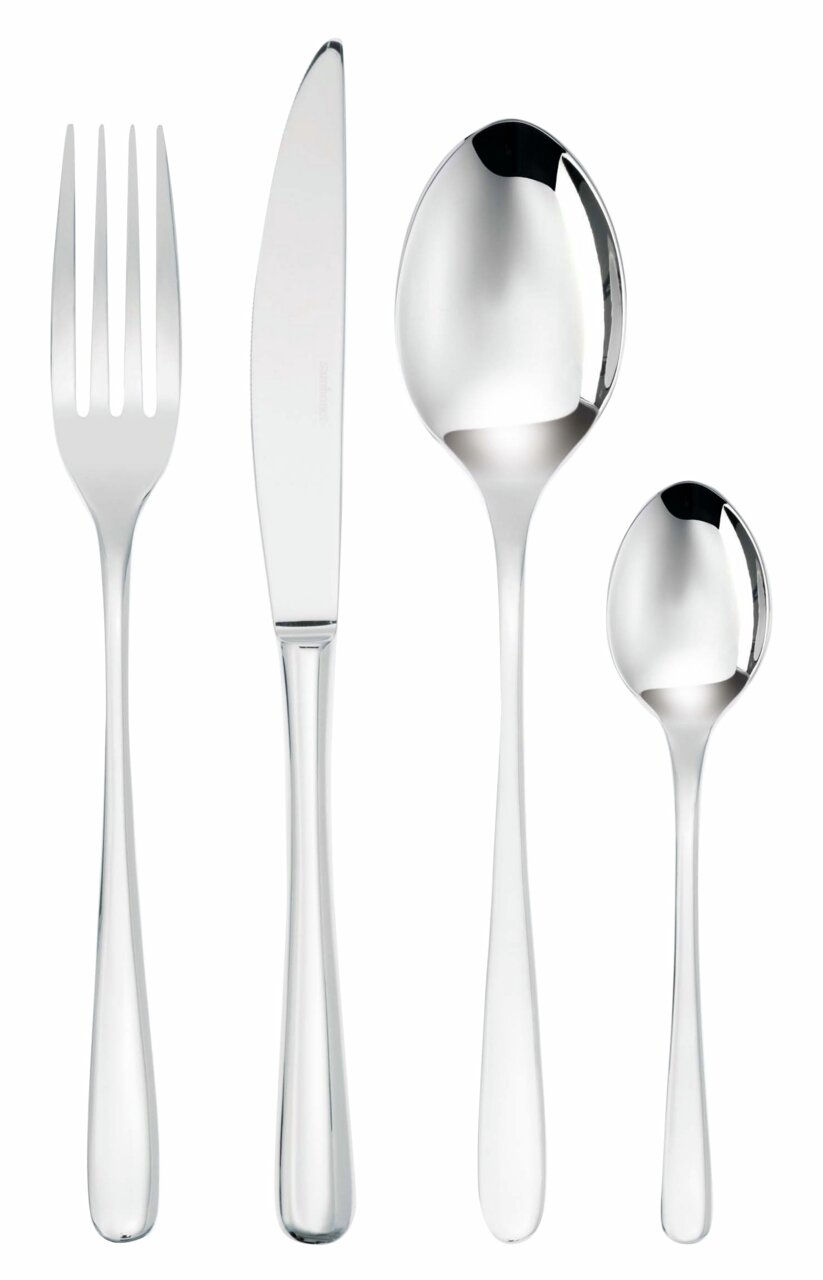 Vierteilige Besteckgarnitur aus Edelstahl, bestehend aus Gabel, Messer, Esslöffel und Teelöffel, frontal abgebildet.