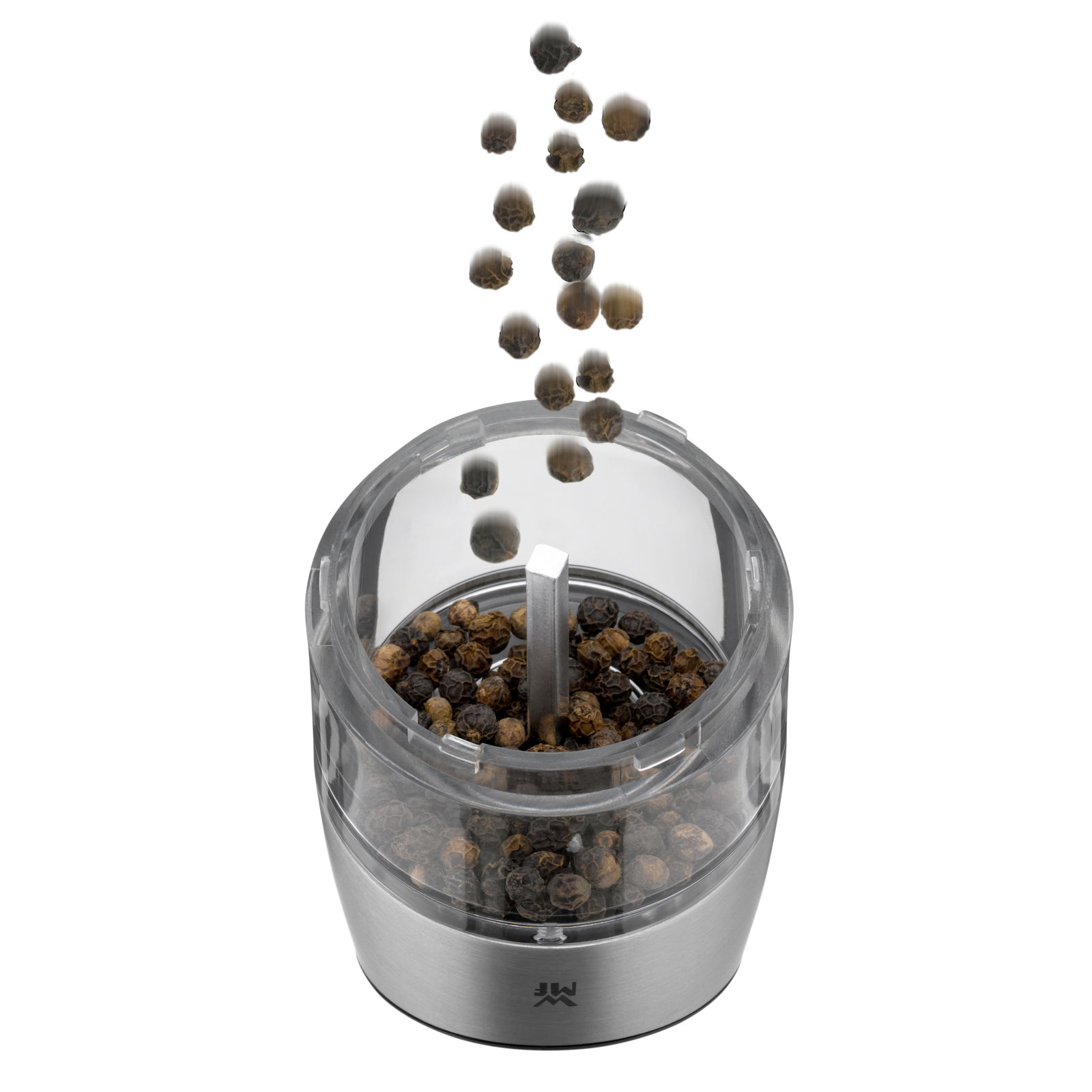 Elektromühle aus Edelstahl mit transparentem Behälter, gefüllt mit Pfefferkörnern, aus der Vogelperspektive.