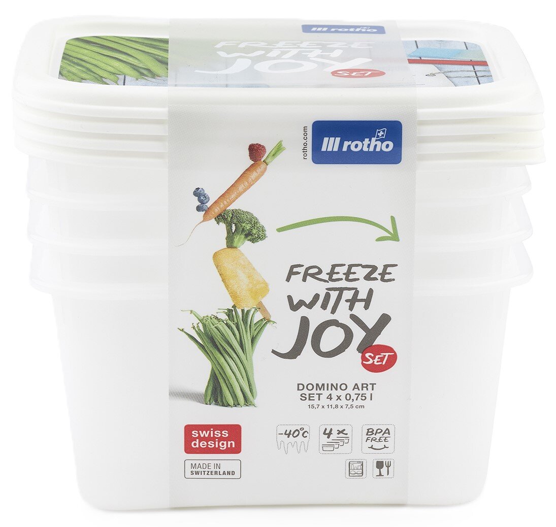 Rotho „Freeze with Joy“ Domino Art Gefrierdosen-Set (4 x 0,75 l), BPA-frei, weiß mit Deckeln, Produktfoto in frontaler Ansicht leicht von oben