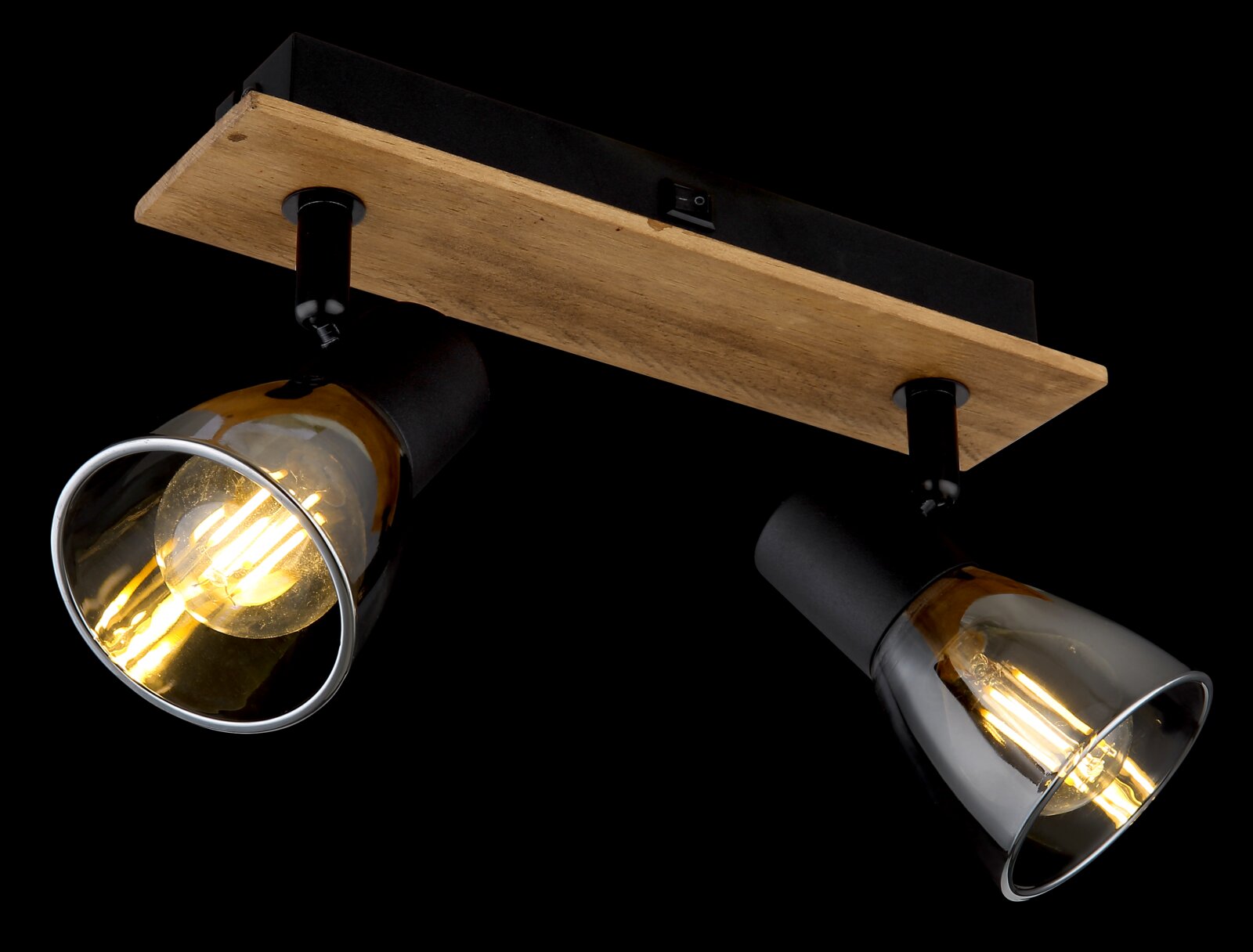 Zweiflammiger Deckenstrahler mit Holzplatte und schwarzen Fassungen, seitliche Perspektive