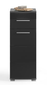 Schwarzer Badschrank mit drei Schubladen, frontal abgebildet, mit Handtüchern und Seife auf der Oberseite.