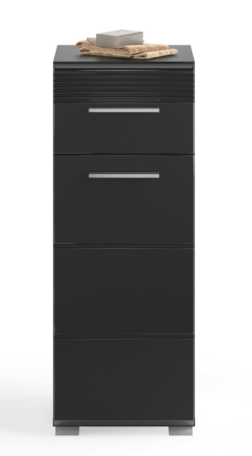 Schwarzer Badschrank mit drei Schubladen, frontal abgebildet, mit Handtüchern und Seife auf der Oberseite.