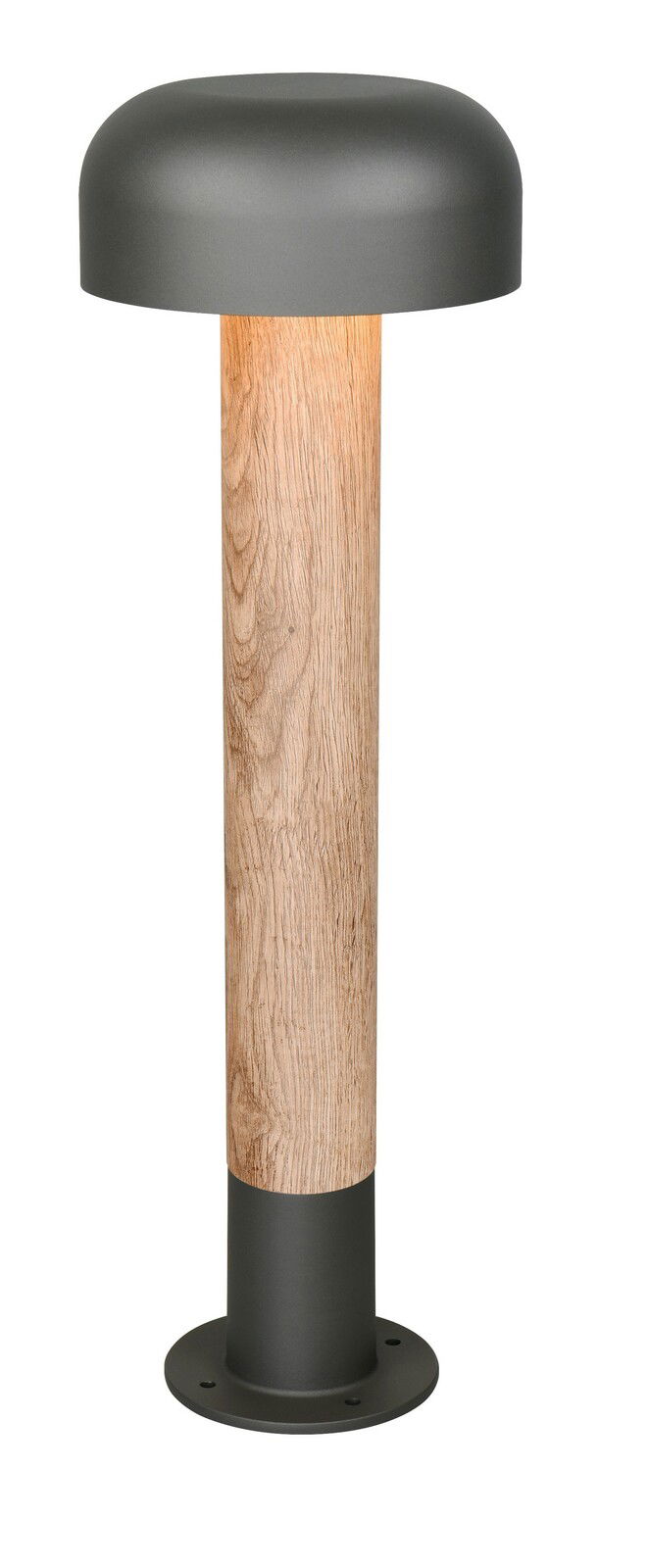 LED-Pollerleuchte mit modernem Design, Holzoptik und schwarzem Metall, seitliche Perspektive