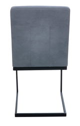 Rückansicht eines grauen Freischwinger-Stuhls mit schwarzem Metallgestell.