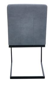 Rückansicht eines grauen Freischwinger-Stuhls mit schwarzem Metallgestell.