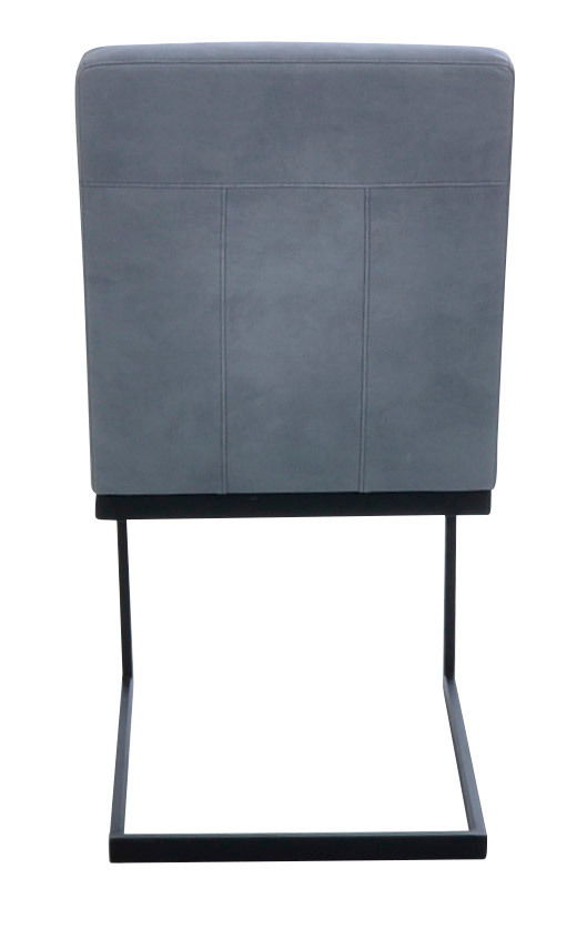 Rückansicht eines grauen Freischwinger-Stuhls mit schwarzem Metallgestell.