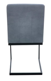 Rückansicht eines grauen Freischwinger-Stuhls mit schwarzem Metallgestell.