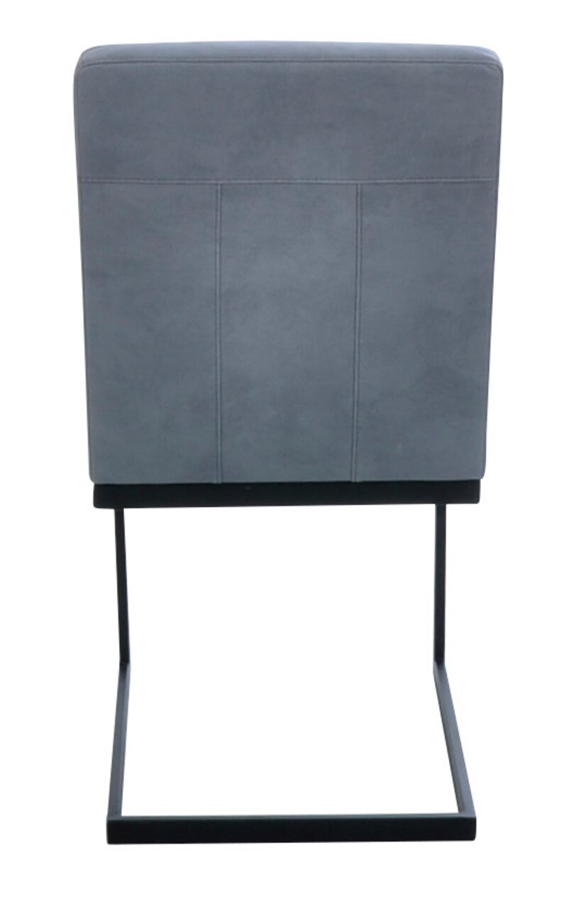 Rückansicht eines grauen Freischwinger-Stuhls mit schwarzem Metallgestell.