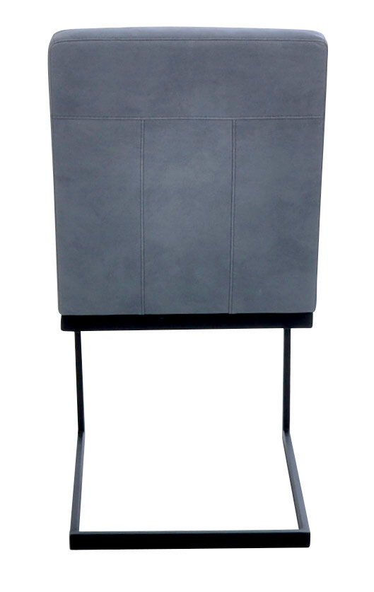 Rückansicht eines grauen Freischwinger-Stuhls mit schwarzem Metallgestell.