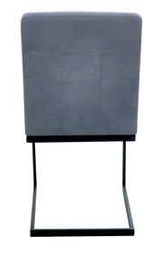 Rückansicht eines grauen Freischwinger-Stuhls mit schwarzem Metallgestell.