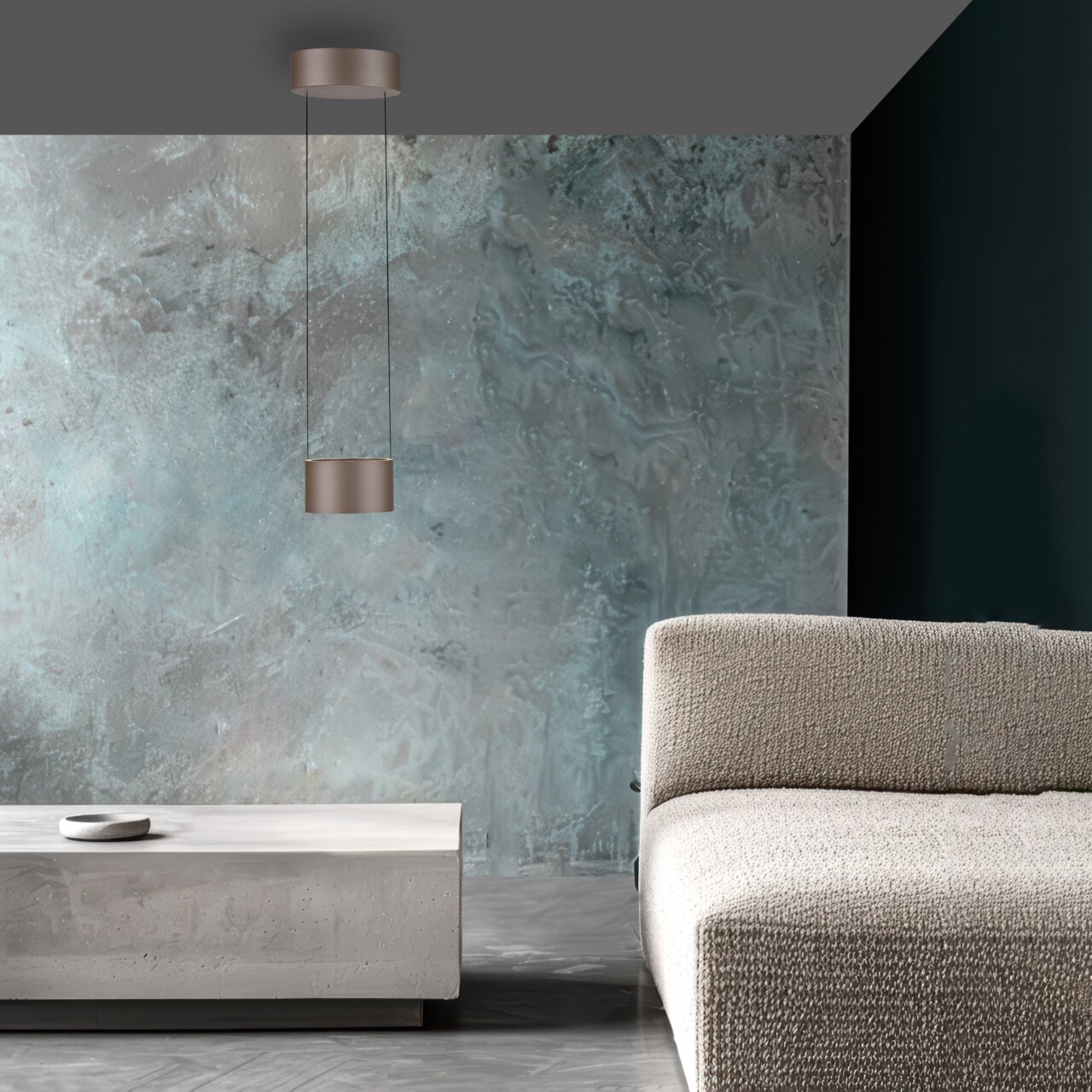Moderne LED-Pendelleuchte in einem stilvollen Wohnzimmer, seitliche Perspektive