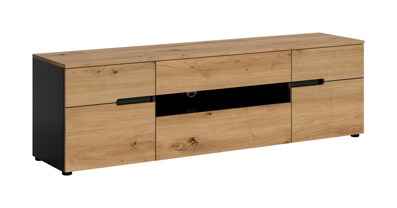 MID.YOU TV Lowboard CANU Modernes TV-Lowboard aus Eiche in Natur-Optik mit schwarzen Seiten und mittigem offenem Fach, Frontansicht in leichter Schrägperspektive