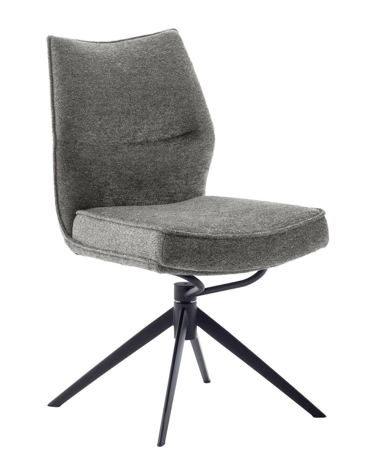 Moderner grauer Stuhl mit gepolsterter Sitzfläche und Rückenlehne, schwarzes Metallgestell, seitliche Perspektive