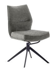 Moderner grauer Stuhl mit gepolsterter Sitzfläche und Rückenlehne, schwarzes Metallgestell, seitliche Perspektive