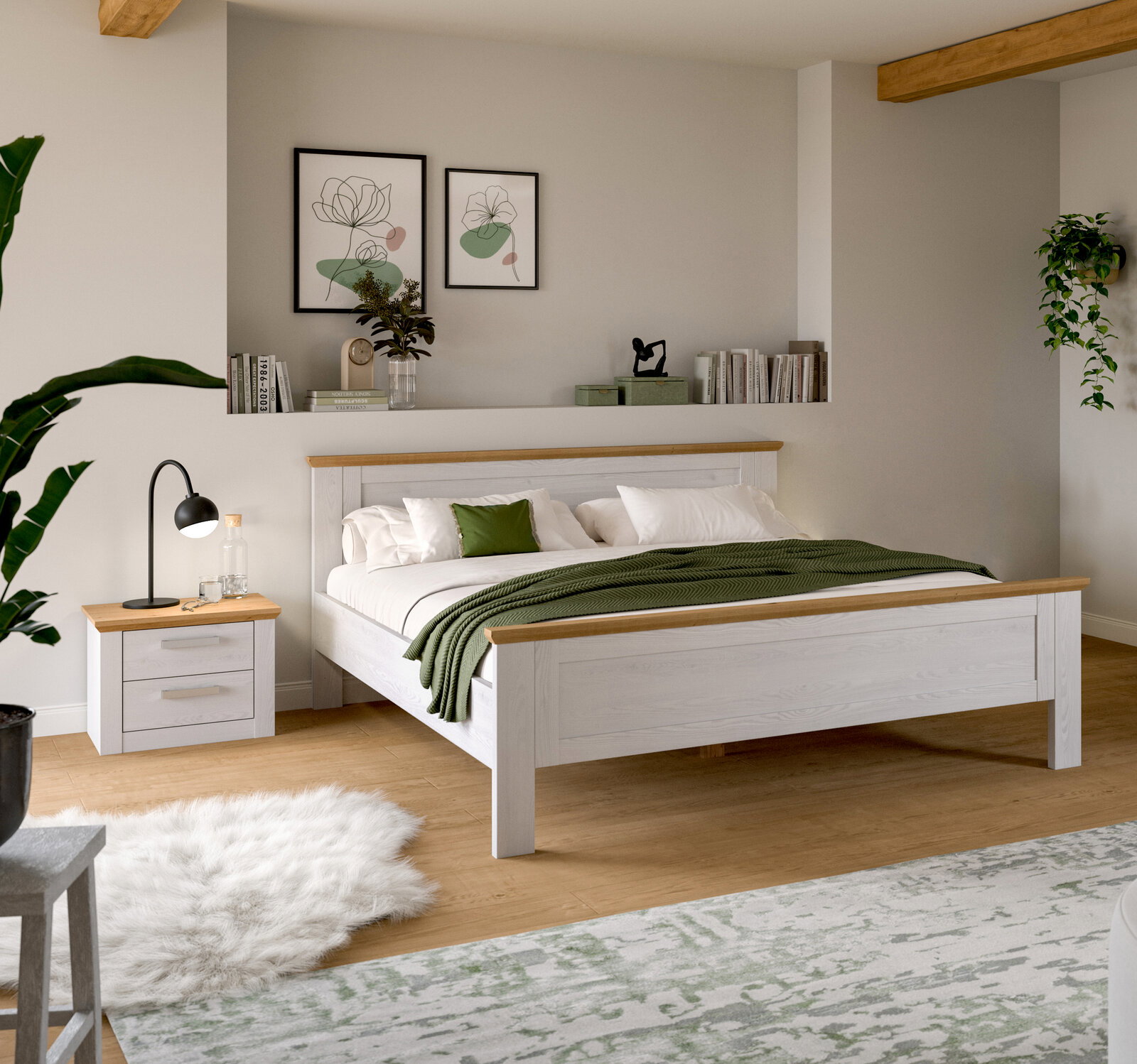 Modernes Doppelbett aus weißem Holz mit naturfarbenen Akzenten, grünem Plaid und Kissen im hellen Schlafzimmer Perspektive: frontale Ansicht leicht von links.