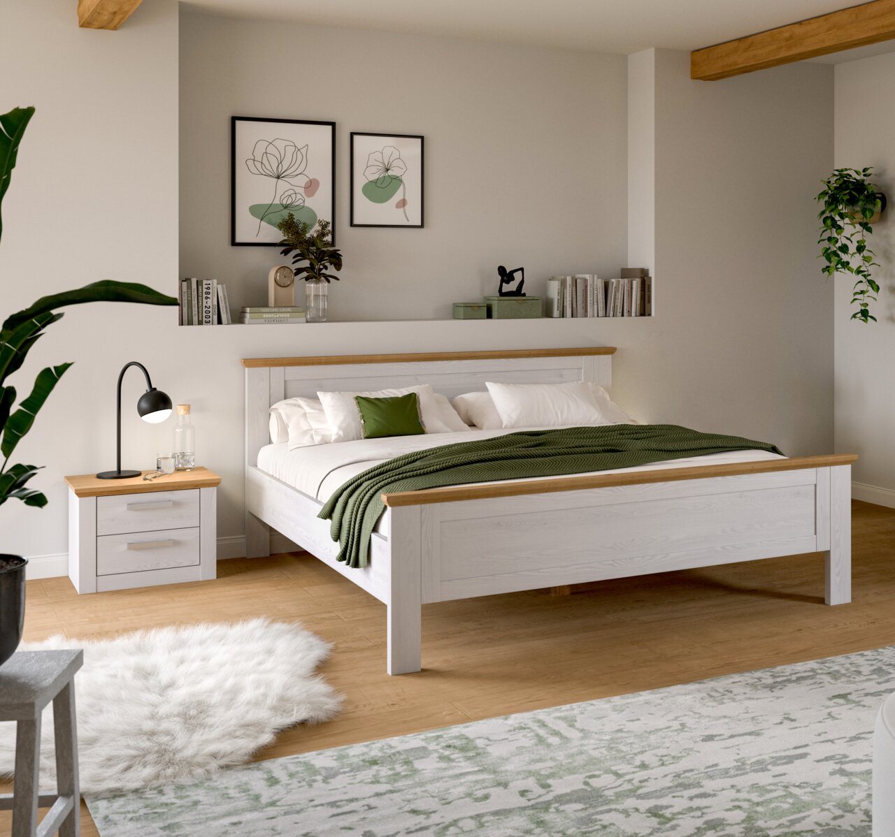Modernes Doppelbett aus weißem Holz mit naturfarbenen Akzenten, grünem Plaid und Kissen im hellen Schlafzimmer Perspektive: frontale Ansicht leicht von links.