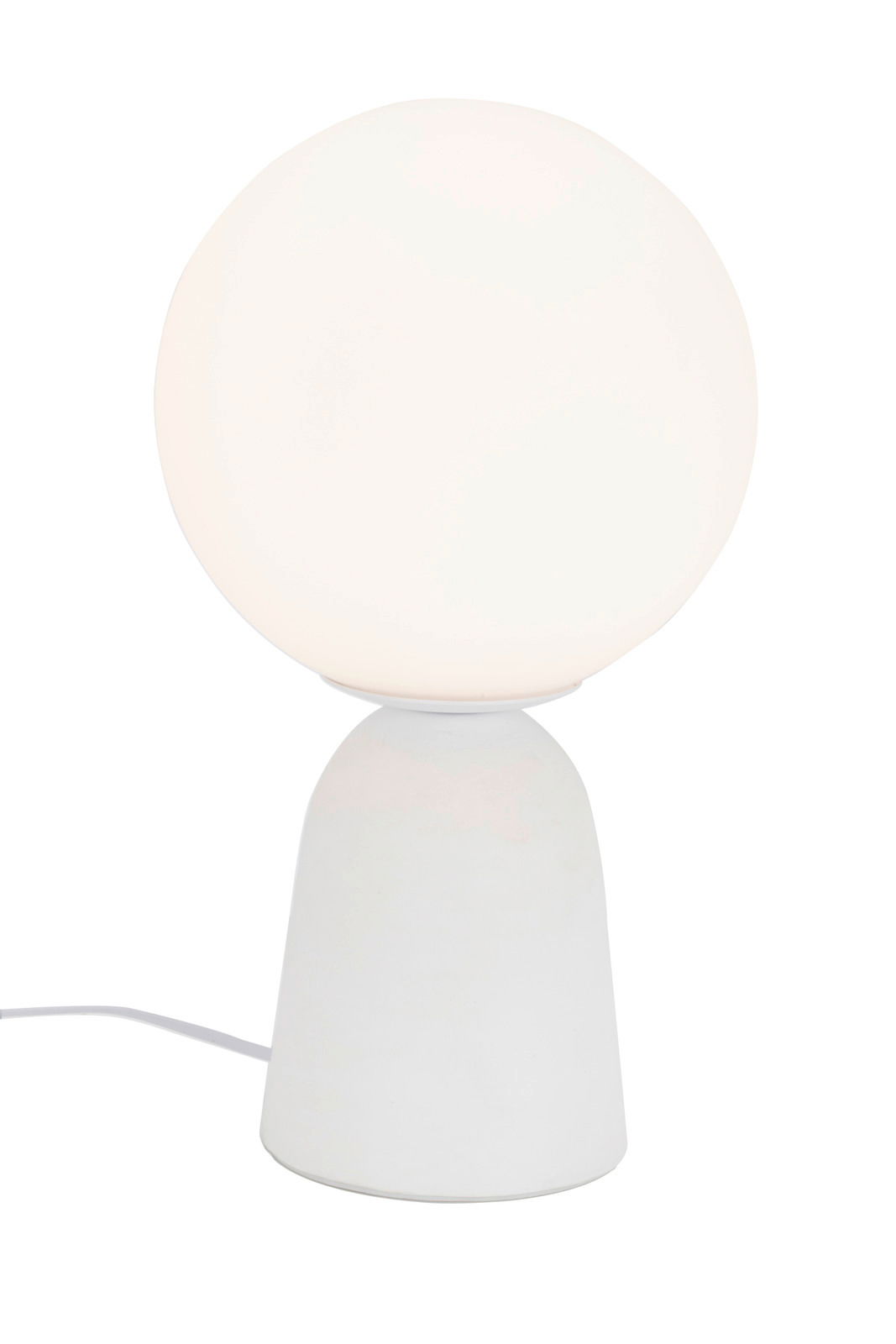 Moderne Tischleuchte mit rundem, leuchtendem Schirm und konischem Sockel, seitliche Perspektive