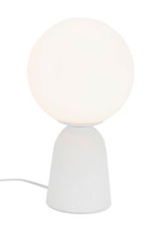 Moderne Tischleuchte mit rundem, leuchtendem Schirm und konischem Sockel, seitliche Perspektive