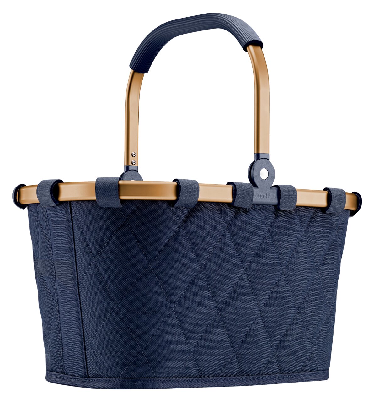 Reisenthel Carrybag XS Rhombus Midnight Kleiner, dunkelblauer Einkaufskorb mit gestepptem Stoff und stabilem Griff, seitliche Perspektive