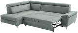 Graues Ecksofa mit Schlaffunktion, ausgezogen, Perspektive von vorne links