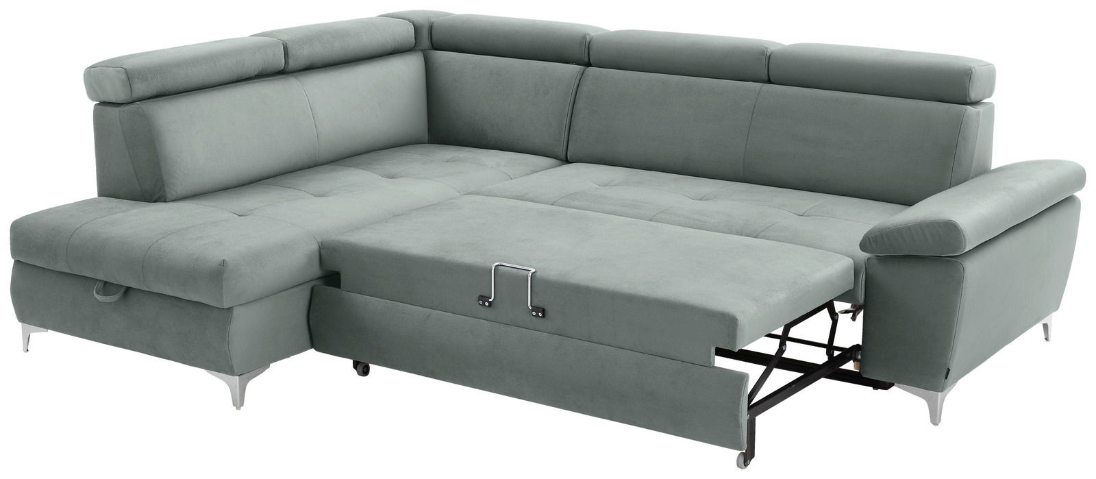 Graues Ecksofa mit Schlaffunktion, ausgezogen, Perspektive von vorne links