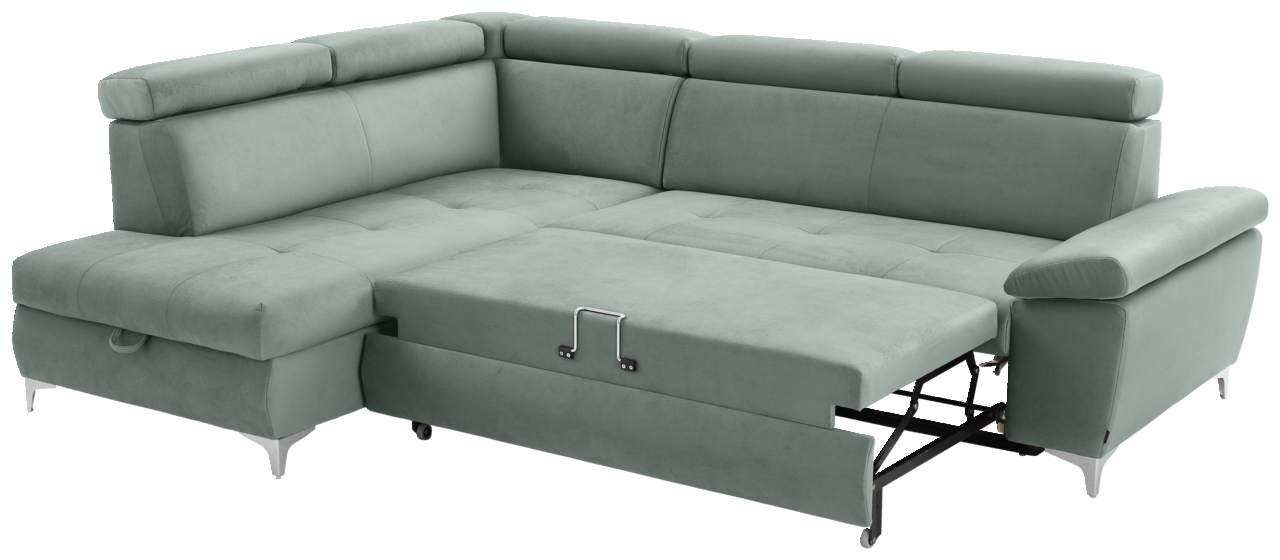 Graues Ecksofa mit Schlaffunktion, ausgezogen, Perspektive von vorne links