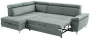 Graues Ecksofa mit Schlaffunktion, ausgezogen, Perspektive von vorne links