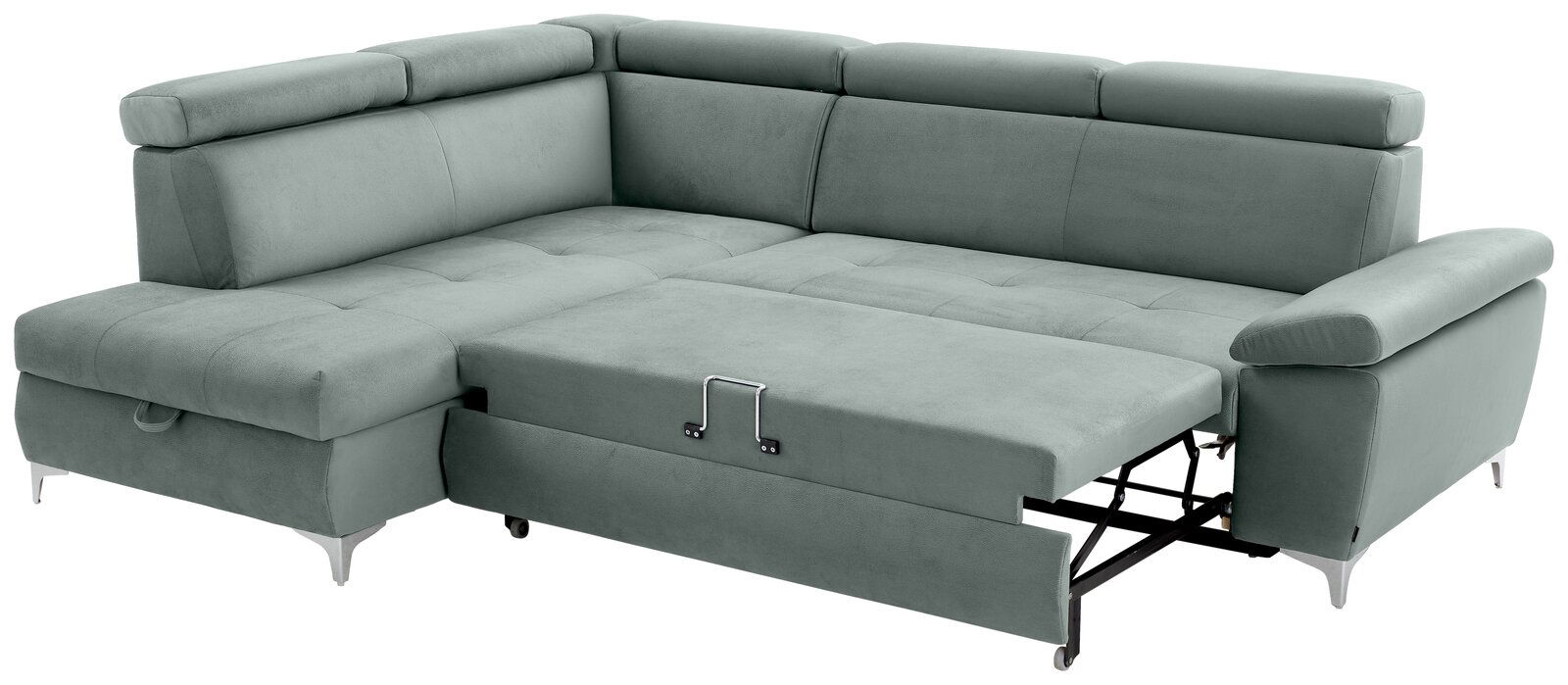 Graues Ecksofa mit Schlaffunktion, ausgezogen, Perspektive von vorne links