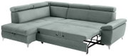 Graues Ecksofa mit Schlaffunktion, ausgezogen, Perspektive von vorne links