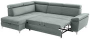Graues Ecksofa mit Schlaffunktion, ausgezogen, Perspektive von vorne links
