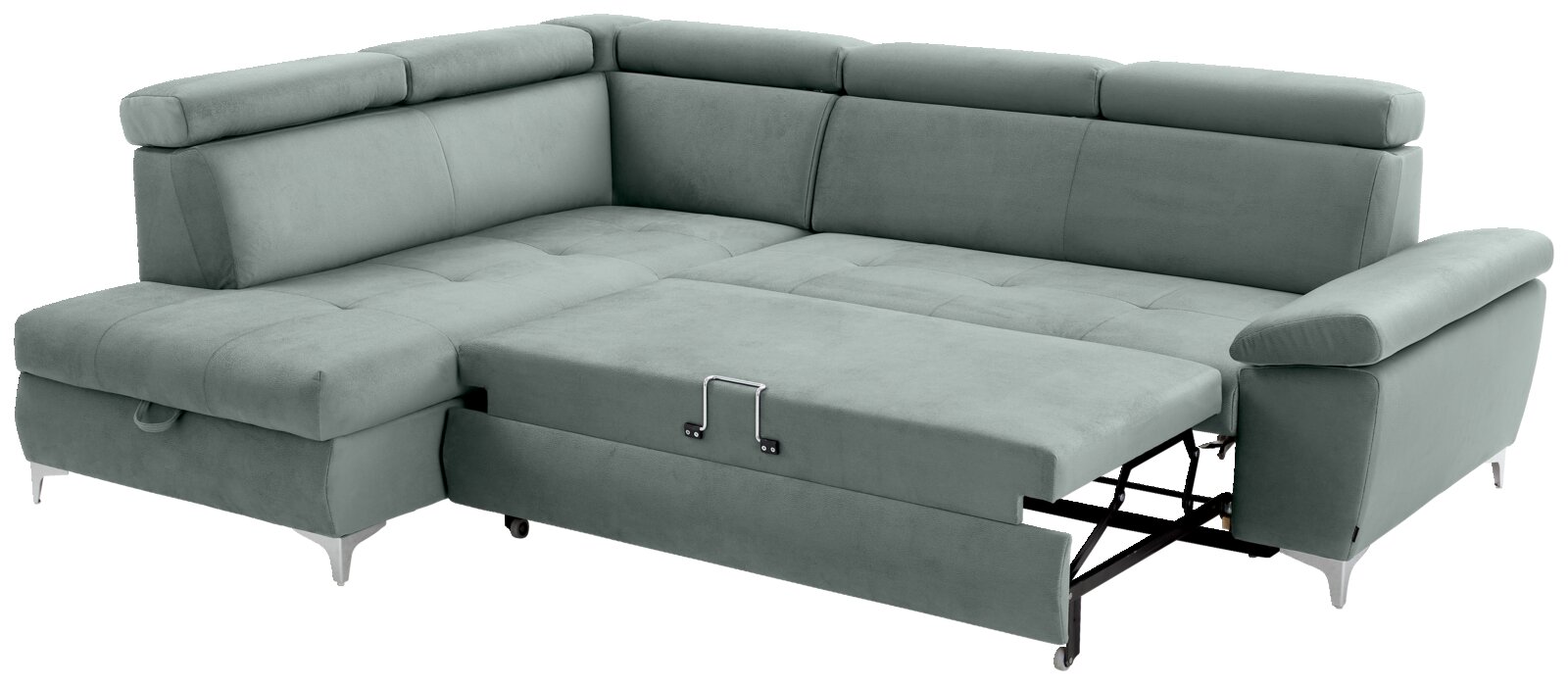 Graues Ecksofa mit Schlaffunktion, ausgezogen, Perspektive von vorne links