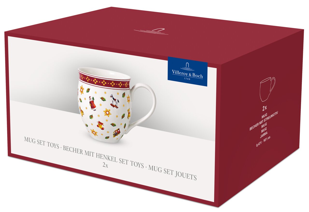Verpackung eines 2-teiligen Becher-Sets mit Henkel von Villeroy & Boch, dekoriert mit bunten Spielzeugmotiven, seitliche Perspektive.