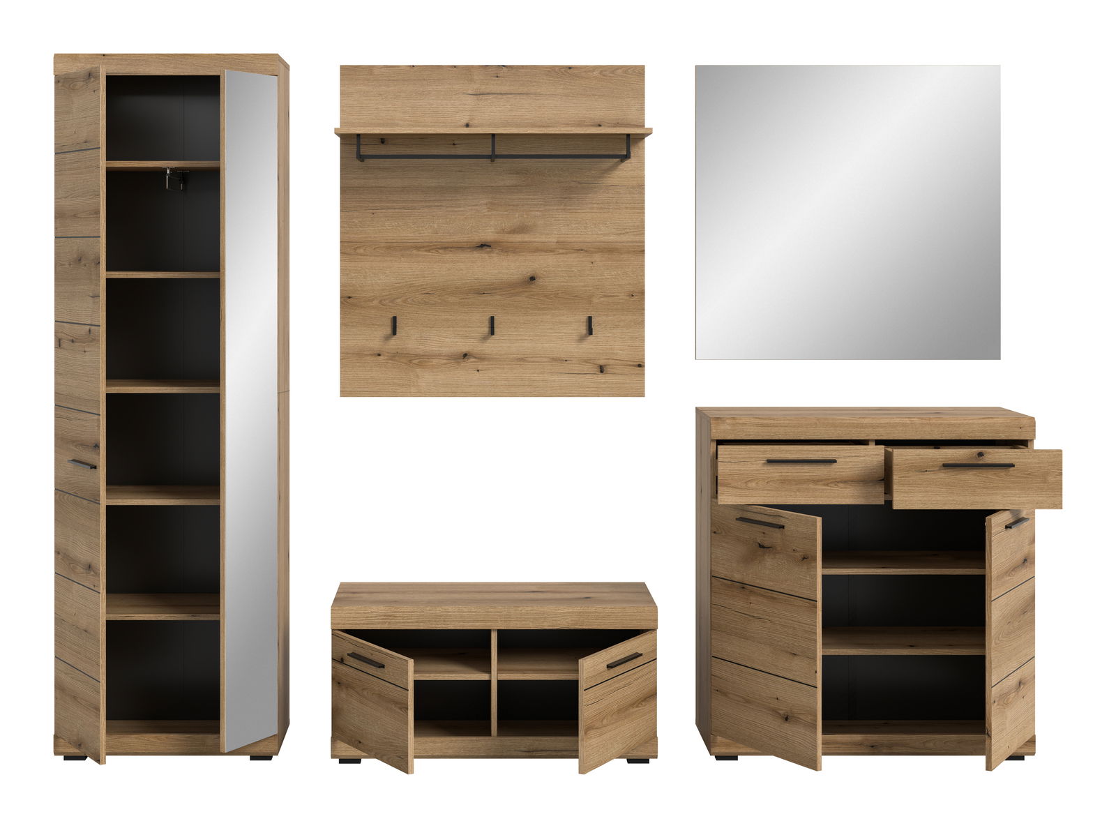 Garderoben-Set 5-teilig in Holzoptik, bestehend aus einem hohen Schrank mit Spiegel, einer Wandgarderobe mit Haken, einem quadratischen Spiegel, einer Kommode mit Schubladen und einem Schuhschrank. Frontalansicht.