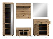 Garderoben-Set 5-teilig in Holzoptik, bestehend aus einem hohen Schrank mit Spiegel, einer Wandgarderobe mit Haken, einem quadratischen Spiegel, einer Kommode mit Schubladen und einem Schuhschrank. Frontalansicht.