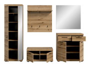 Garderoben-Set 5-teilig in Holzoptik, bestehend aus einem hohen Schrank mit Spiegel, einer Wandgarderobe mit Haken, einem quadratischen Spiegel, einer Kommode mit Schubladen und einem Schuhschrank. Frontalansicht.