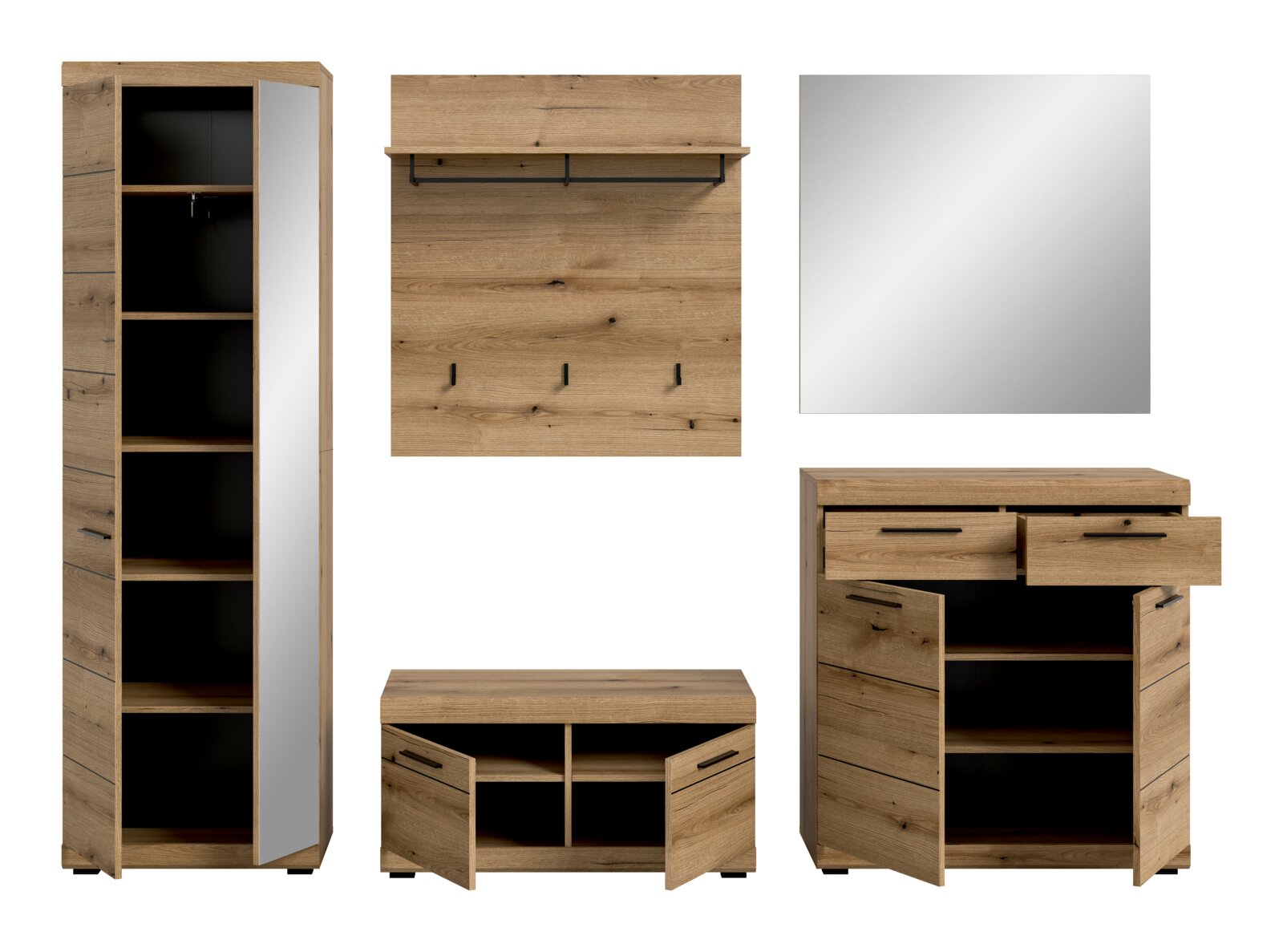 Garderoben-Set 5-teilig in Holzoptik, bestehend aus einem hohen Schrank mit Spiegel, einer Wandgarderobe mit Haken, einem quadratischen Spiegel, einer Kommode mit Schubladen und einem Schuhschrank. Frontalansicht.