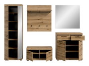 Garderoben-Set 5-teilig in Holzoptik, bestehend aus einem hohen Schrank mit Spiegel, einer Wandgarderobe mit Haken, einem quadratischen Spiegel, einer Kommode mit Schubladen und einem Schuhschrank. Frontalansicht.