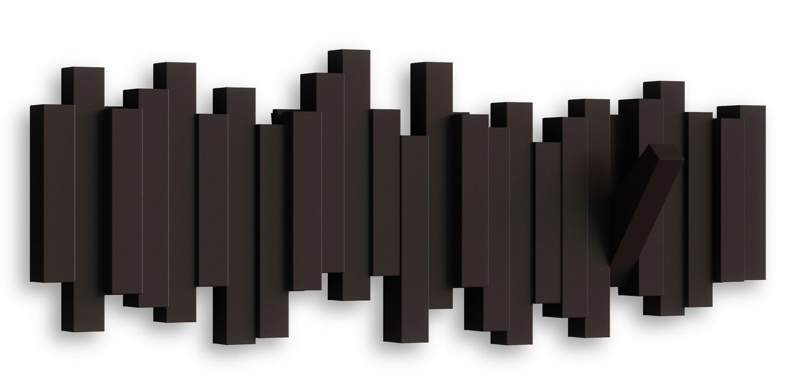 Moderne Wandgarderobe mit geometrischem Design in dunkler Farbe, frontal betrachtet.